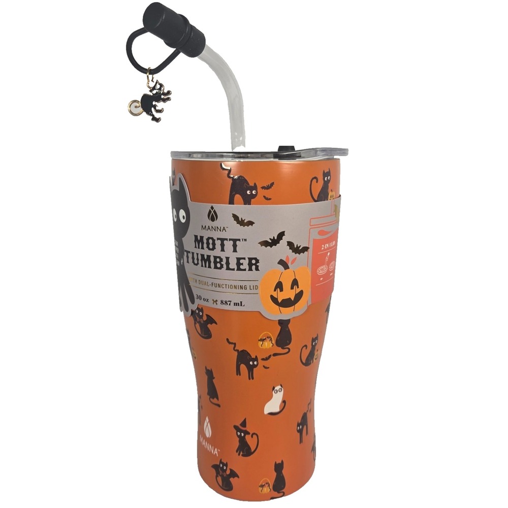Halloween Black Cat Tumbler 30 Oz Manna Mott Orange Stainless Steel Straw Charm